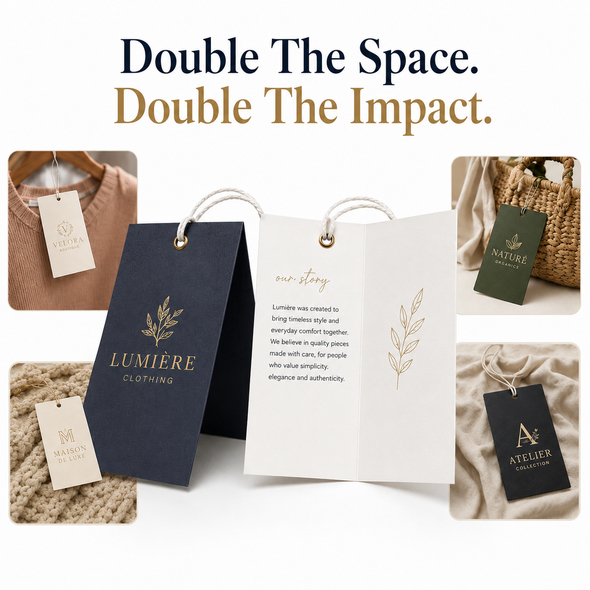 Black and cream custom folded hang tags demonstrating expanded interior printing space for branding, product details, and customer messages.