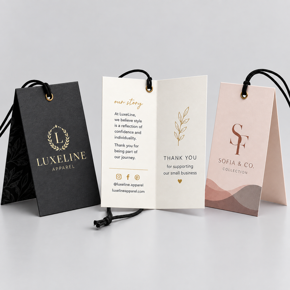 Three premium folded hang tags in black, cream, and blush pink with gold eyelets, cords, botanical artwork, and interior product messaging.