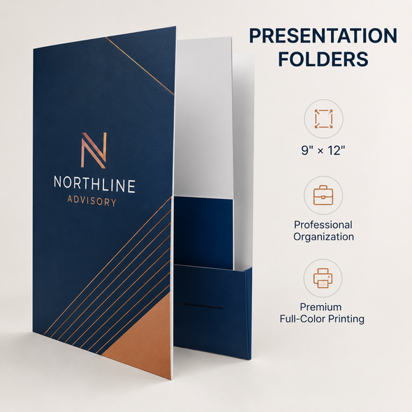 Navy and copper 9" × 12" custom presentation folder shown open and closed with an interior pocket.