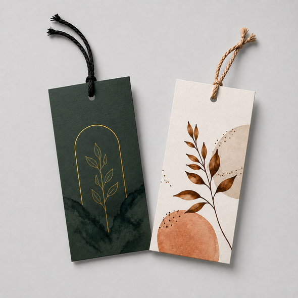 Two custom rectangular hang tags in dark green and cream with botanical artwork, gold details, and black and natural twine.