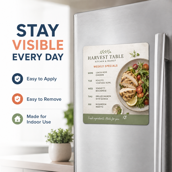 Harvest Table weekly-specials postcard magnet displayed on a refrigerator beside icons highlighting easy application, removal, and indoor use.