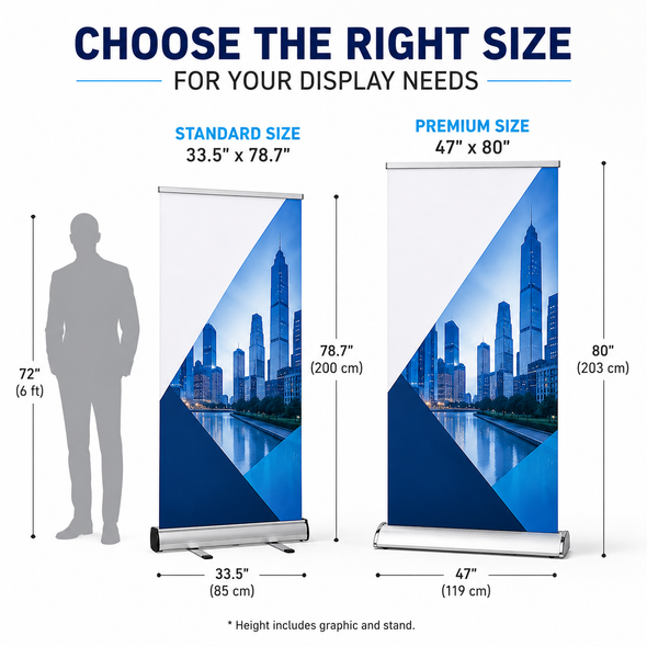 Custom Premium Retractable Pull-Up Banner Stand 47" x 80", high-end portable roll-up display with vibrant printing for trade shows, conferences, retail promotions, and professional branding.