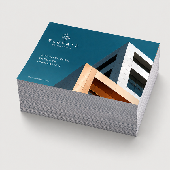 Stack of custom bulk posters featuring a blue architectural design for Elevate Design Studio.