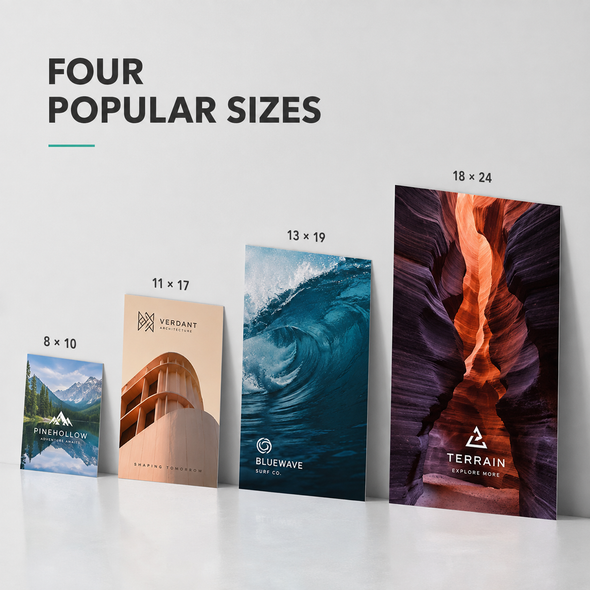 Four custom poster sizes—8" × 10", 11" × 17", 13" × 19", and 18" × 24"—displayed with colorful designs.
