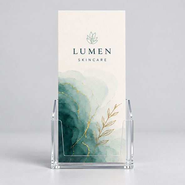 Single Lumen Skincare rack card with green watercolor artwork displayed in a clear acrylic holder.