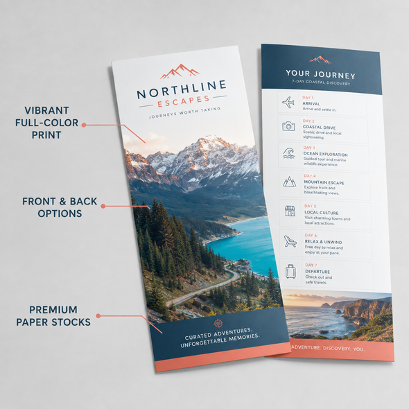 Front and back views of a full-color travel rack card featuring mountain scenery and a seven-day itinerary.