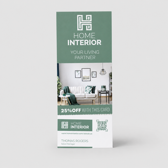 Green Home Interior RIP Card with a living-room photo, 25% discount offer, QR code, and perforated business card.
