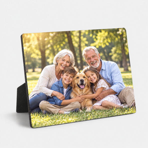 Custom tabletop photo plaque featuring a family portrait and built-in easel.