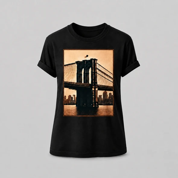 Black custom crew-neck T-shirt printed with a vintage Brooklyn Bridge photograph