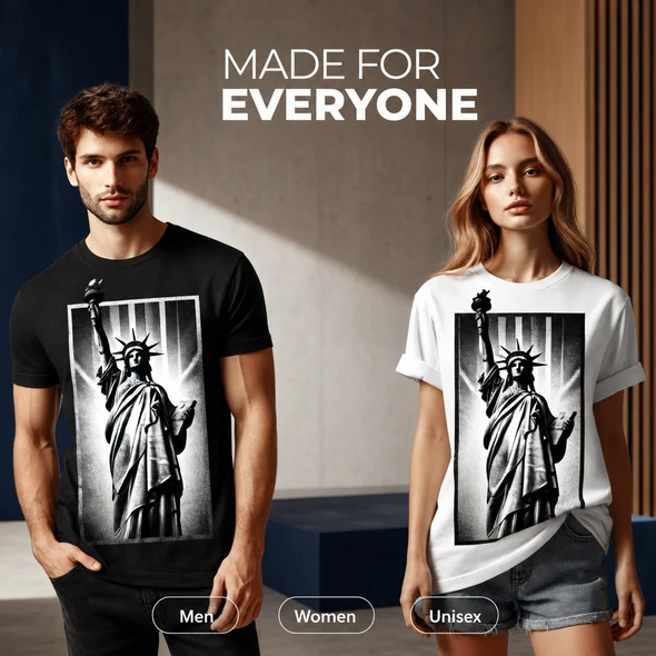 Man and woman wearing black and white custom T-shirts with Statue of Liberty prints