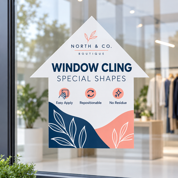 Arrow-shaped North and Co. Boutique window cling with navy, coral, and botanical graphics displayed on storefront glass.