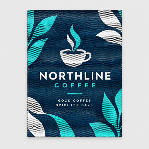 Northline Coffee rectangular perforated window decal with teal leaves and a white coffee cup logo on a dark blue background.