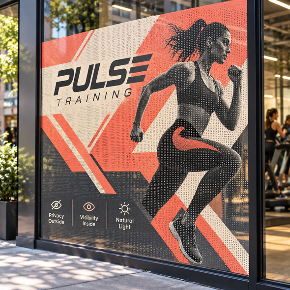 Full-color Pulse Training perforated window decal featuring a running athlete on the exterior glass of a fitness center.