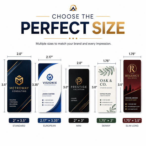 Five glossy business card sizes displayed vertically, including standard, European, mini, skinny, and slim formats