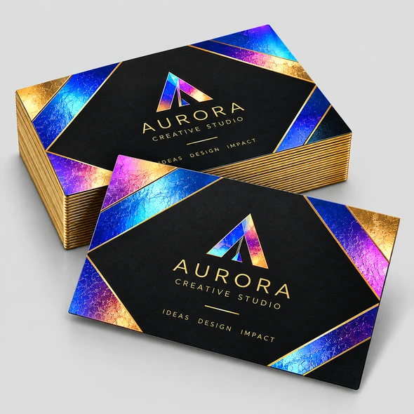 Black Akuafoil Business Cards with reflective blue, purple, pink and gold metallic details