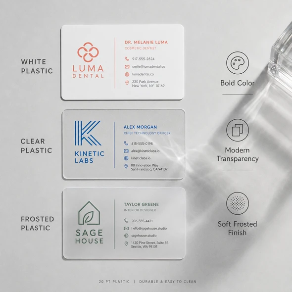 Comparison of white, clear, and frosted 20 pt plastic business cards with different transparency levels.