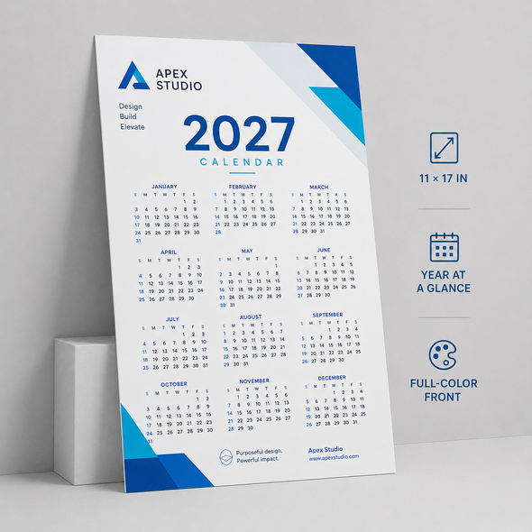 Branded 11" × 17" single page calendar with blue geometric accents, full-color printing, and a 2027 year-at-a-glance layout.