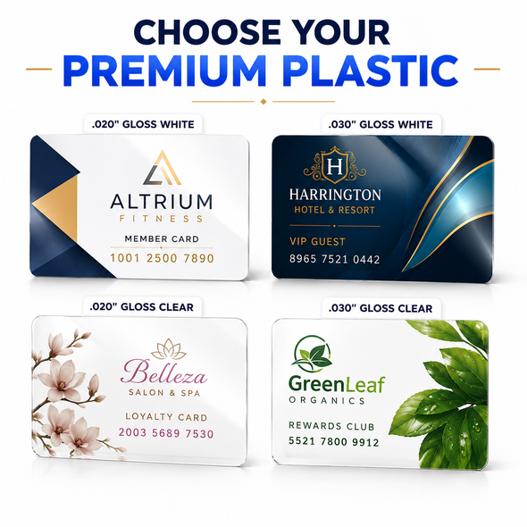 Four sample loyalty card designs illustrating .020" and .030" gloss white and gloss clear plastic options.