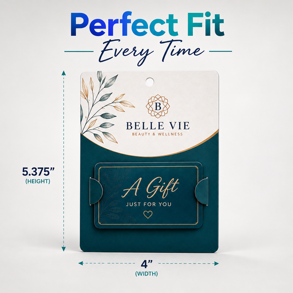 Belle Vie gift card holder with a card inserted, shown beside illustrated height and width measurements.