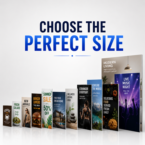Custom display boards in multiple square and rectangular sizes featuring designs for restaurants, retail sales, real estate, travel, fitness, and live music.