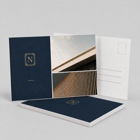 Premium navy-and-gold architectural postcards displayed with coordinated front and mailing-side designs.