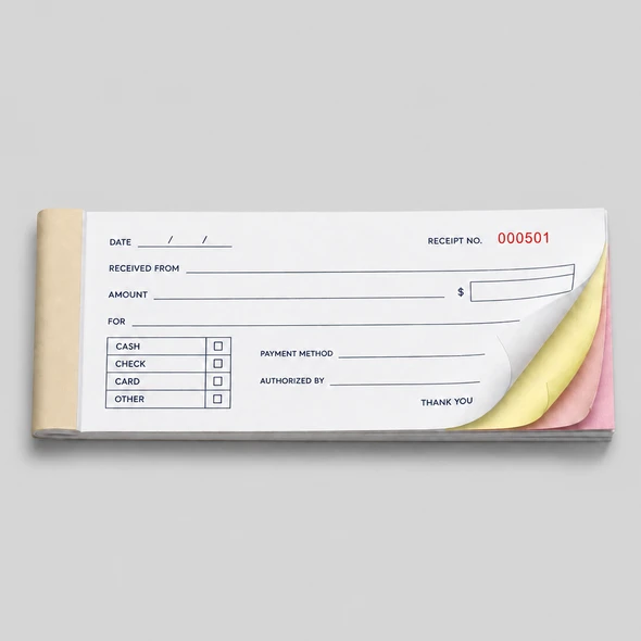 Custom 2.83 x 7 pocket carbonless NCR money receipt book with manila wrap cover