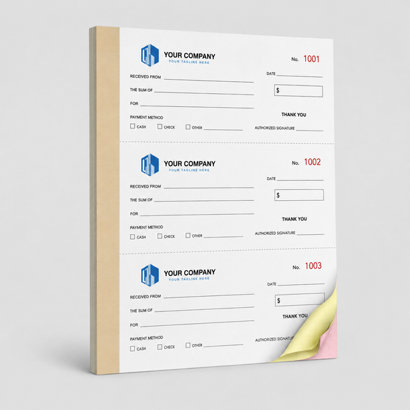 Custom 3-up carbonless NCR money receipt book in 8.5x11 and 8.5x7 sizes