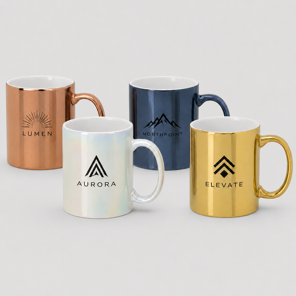 Four custom 11 oz metallic coffee mugs in copper, pearl, slate blue, and gold finishes with printed business logos.