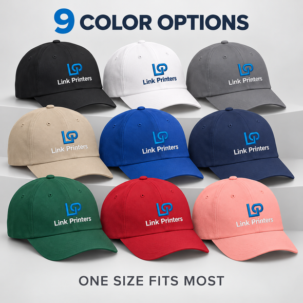Custom embroidered cotton twill caps displayed in nine color options with one-size-fits-most sizing