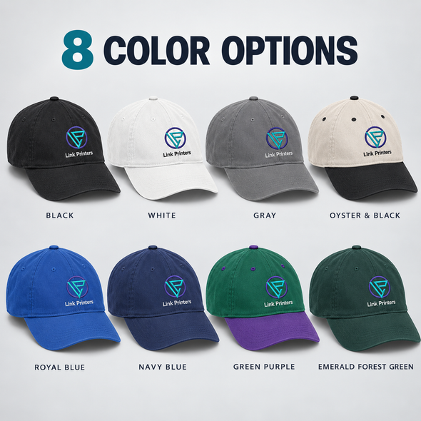 Custom embroidered organic cotton caps displayed in eight available color combinations.