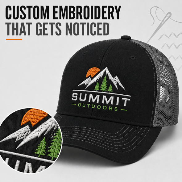 Custom embroidered trucker cap featuring a detailed Summit Outdoors mountain logo and breathable gray mesh panels.