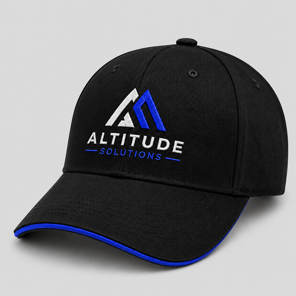 Black organic cotton twill cap with blue sandwich visor and custom embroidered Altitude Solutions logo.