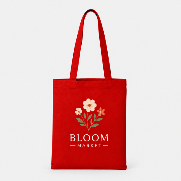 Red custom cotton canvas tote bag printed with a floral Bloom Market logo on a white background.