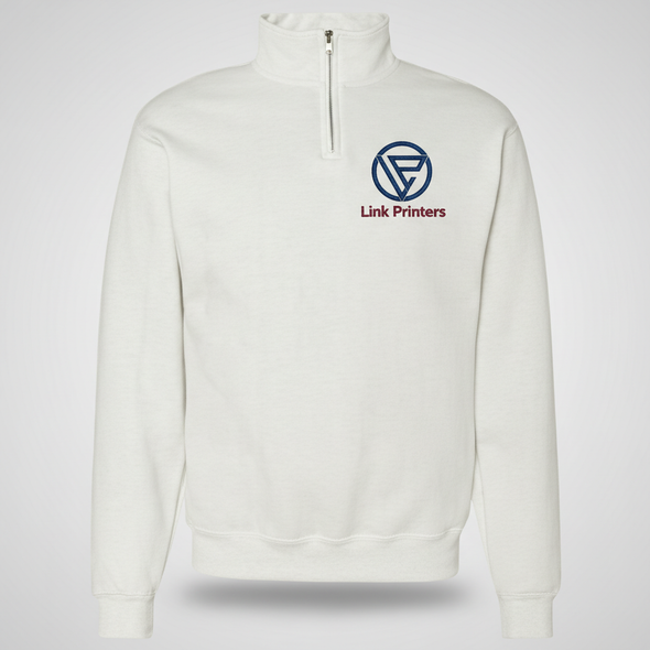 Urban Comfort Quarter-Zip Sweatshirt in heather gray with left chest embroidery, 8-oz 50/50 cotton/polyester fleece, rib-knit cuffs and waistband, set-in sleeves, and stand-up collar.