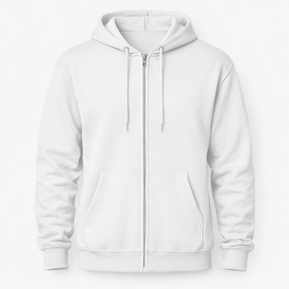 FlexZip full-zip fleece hoodie with YKK metal zipper, front pockets, matching drawcords, and custom chest embroidery on soft cotton polyester fabric.