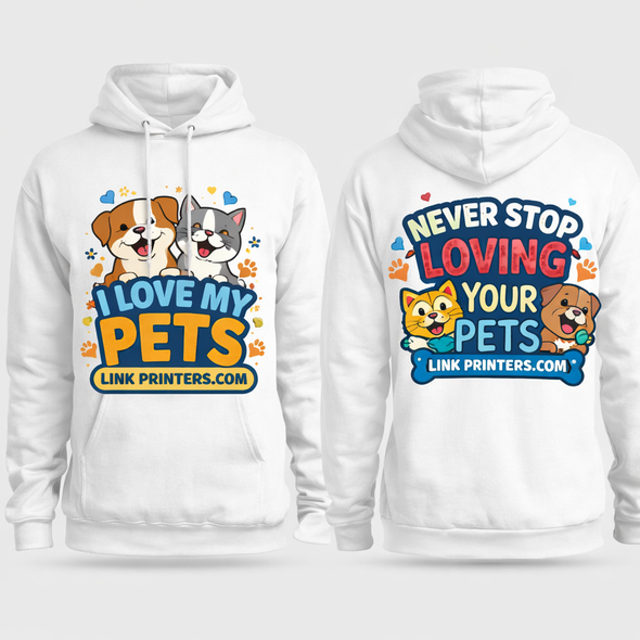 PrintFlex custom DTG fleece hoodie with vibrant full-color front and back print on soft cotton polyester fabric, featuring drawstrings and front pouch pocket.