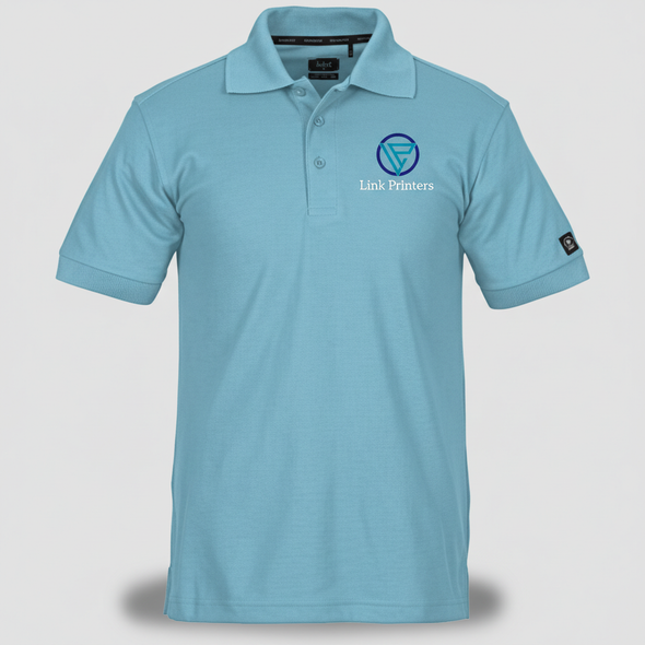 Men’s CoolStride performance polo shirt with moisture-wicking polyester fabric, rib-knit collar, three-button placket, side vents, and custom embroidered logo on the left chest.