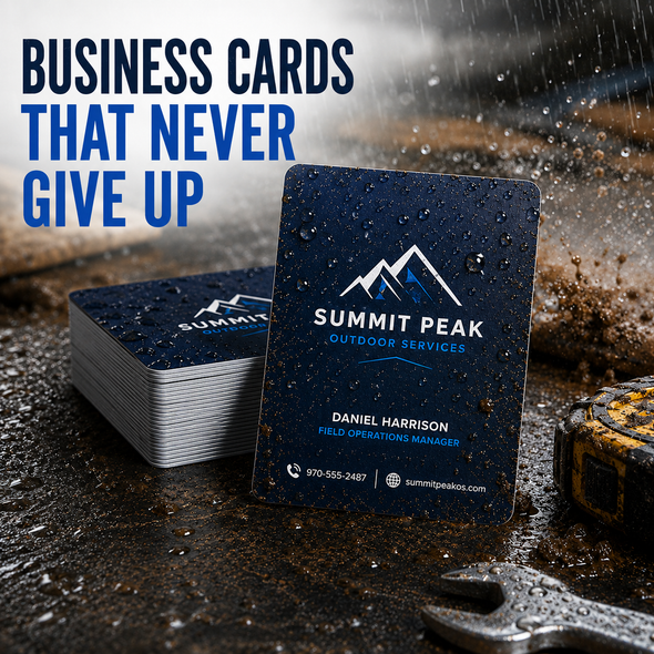 Waterproof synthetic business cards printed on durable 16pt tear-resistant stock designed to withstand moisture and heavy use.