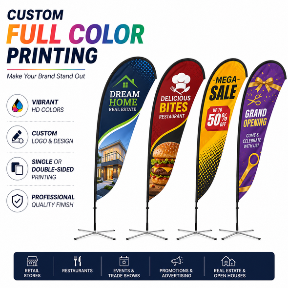 Custom full color teardrop flag printing with business branding designs for retail stores, restaurants, real estate and promotions.