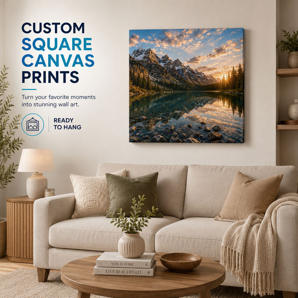 Premium custom canvas wall art featuring a stunning mountain lake landscape with snow-capped peaks and golden sunset reflections. Displayed in a luxury light gray studio background with a clean, modern, minimalist style. High-quality gallery-wrapped canvas print with realistic texture, elegant presentation, and professional home or office décor appeal.