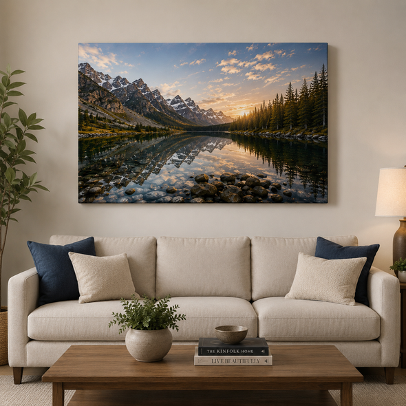 Premium custom canvas wall art featuring a stunning mountain lake landscape with snow-capped peaks and golden sunset reflections. Displayed in a luxury light gray studio background with a clean, modern, minimalist style. High-quality gallery-wrapped canvas print with realistic texture, elegant presentation, and professional home or office décor appeal.