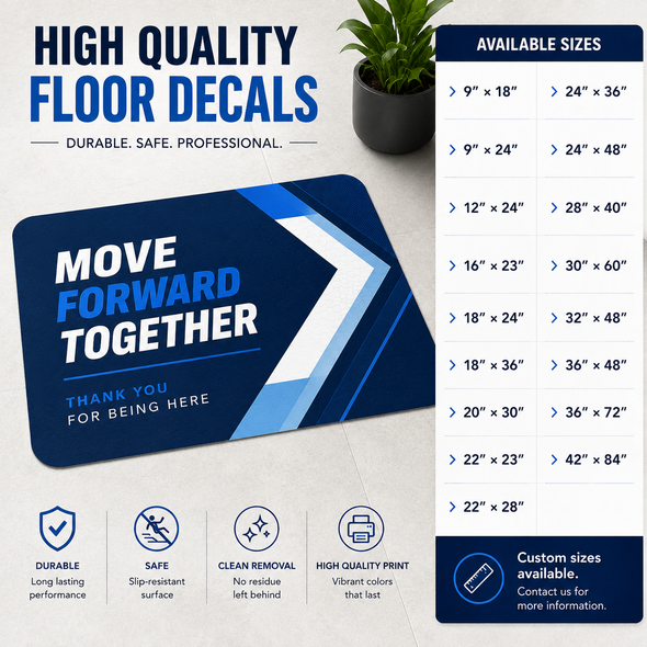 Custom printed floor decal with slip-resistant vinyl surface available in rounded rectangle, square, and circle shapes for indoor and outdoor business branding, promotional graphics, logos, and floor signage.