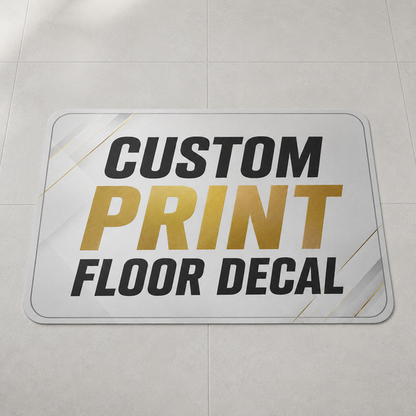 Custom printed floor decal with slip-resistant vinyl surface available in rounded rectangle, square, and circle shapes for indoor and outdoor business branding, promotional graphics, logos, and floor signage.