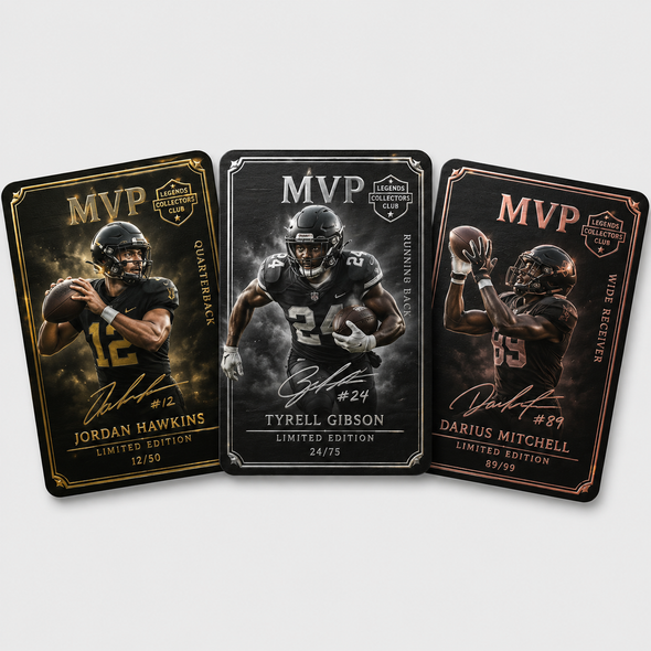 Custom trading cards showing gold, silver, and rose gold raised foil options