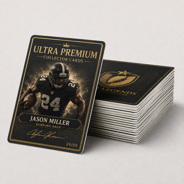 Stack of custom ultra premium collectors cards on textured specialty paper stocks