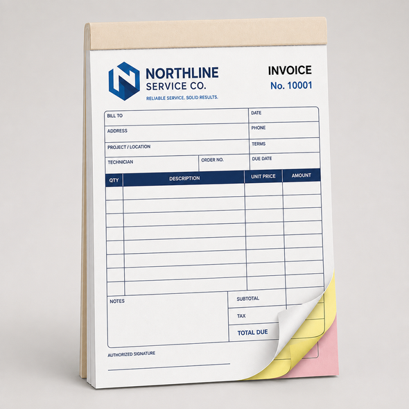 Custom 4.25 x 5.5 inch full color carbonless NCR invoice book with wrap around cover