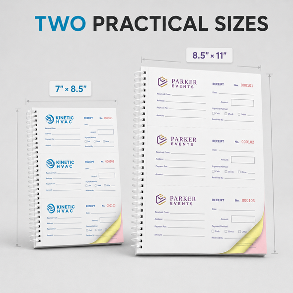 3 receipts per page layout with perforated customer slips and bound audit stubs