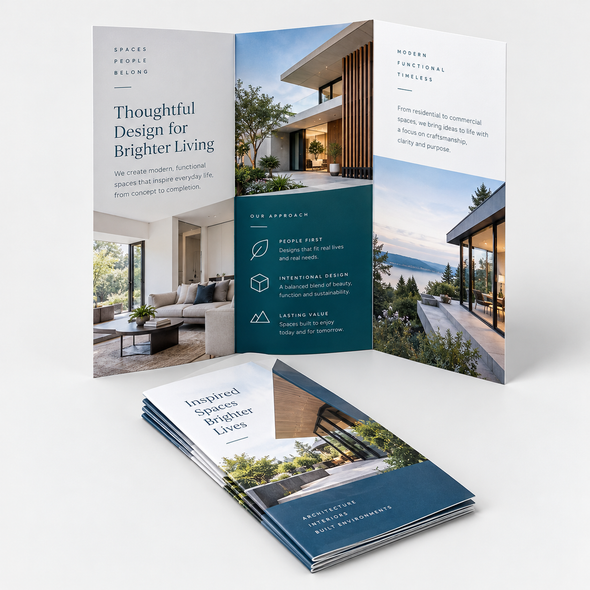 Open tri-fold brochure and folded stack on a light gray background