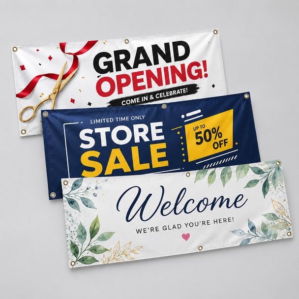 Custom full-color 13oz vinyl outdoor banner with metal grommets