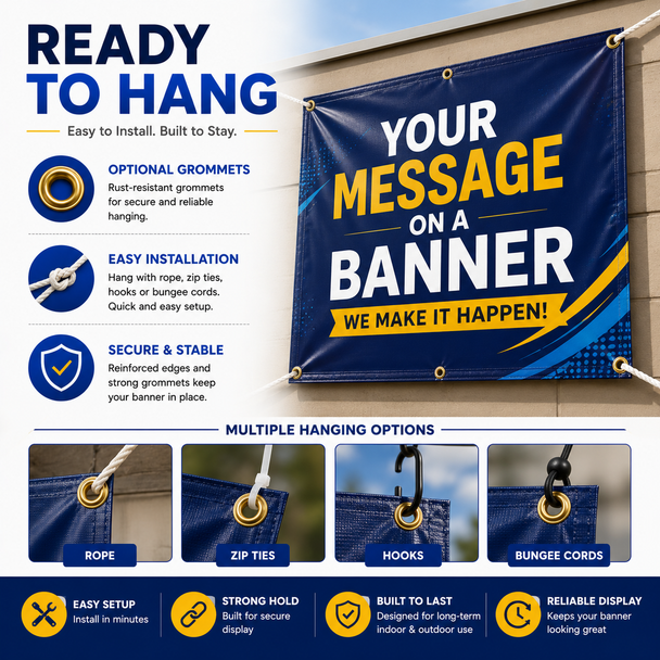 Custom vinyl banners with premium mesh, glossy, and matte material options. Durable indoor and outdoor banner printing with vibrant full-color graphics and weather-resistant quality.